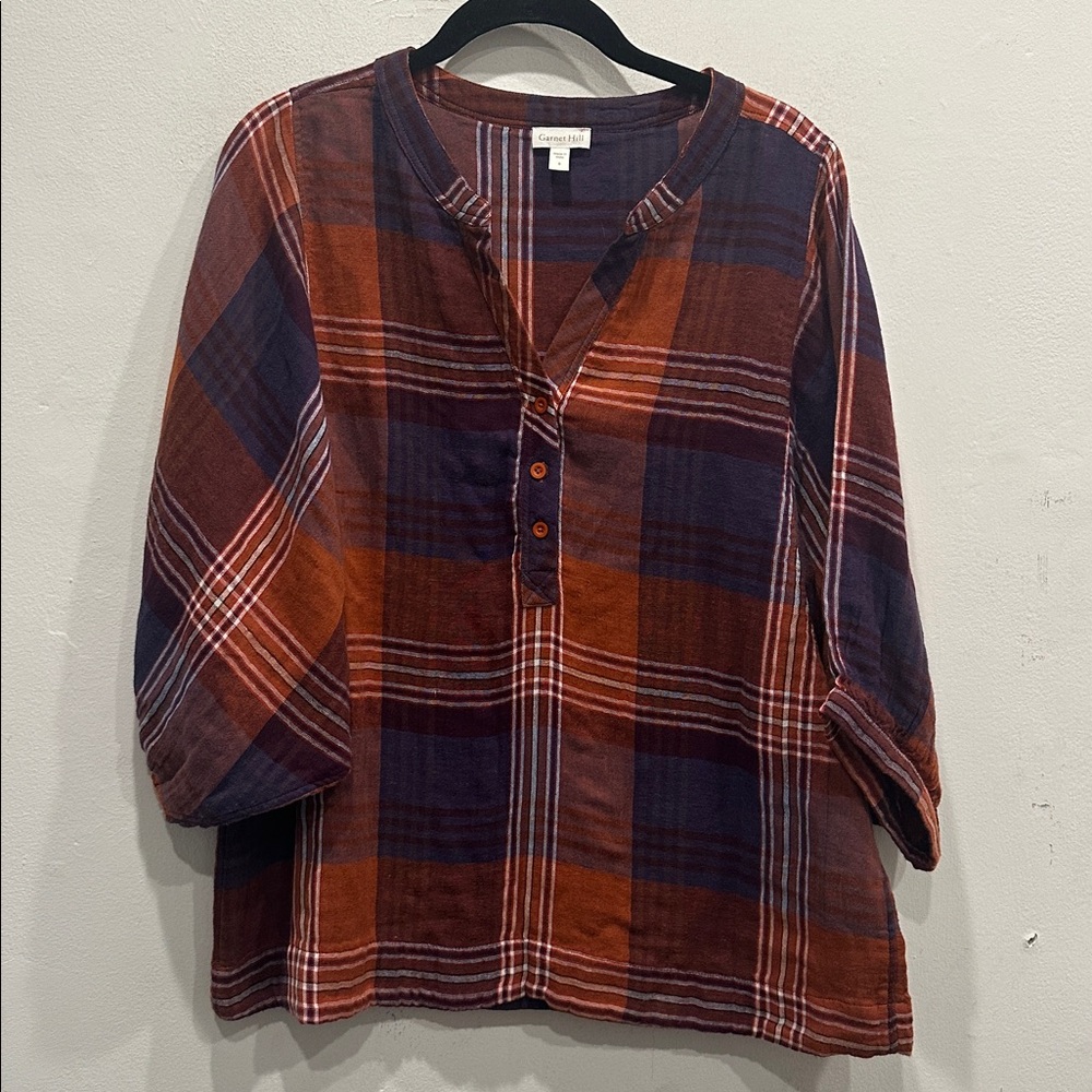 Garnet Hill Warm fall Plaid 100% organic Cotton Top blouse 3/4 sleeve size 8